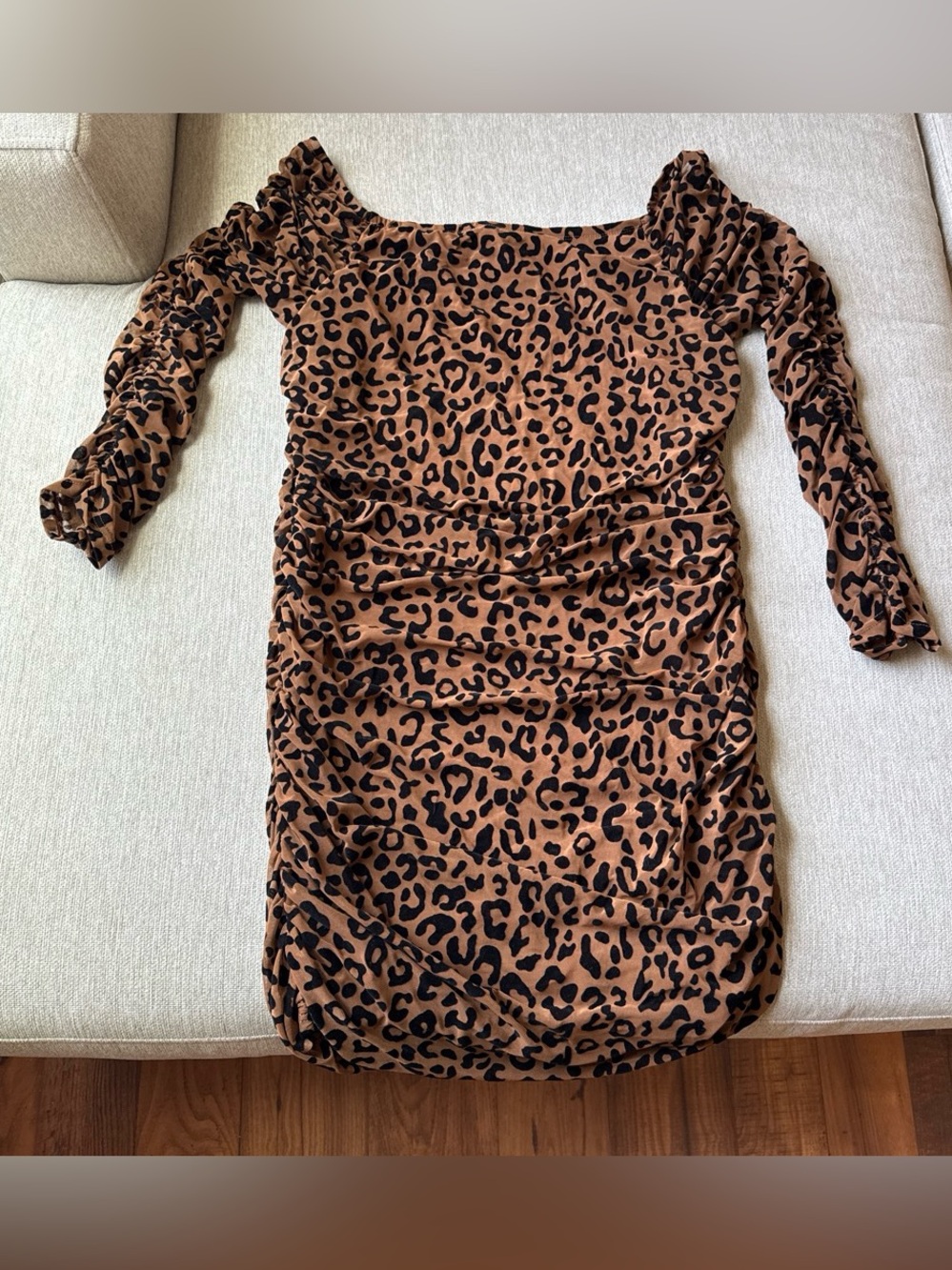 Leopard Print Off-Shoulder Ruched Bodycon Dress - Brown & Black